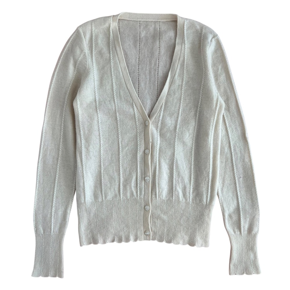 100% Cashmere Pointelle Knit Scalloped Hem Button Front Cardigan Ivory S Office